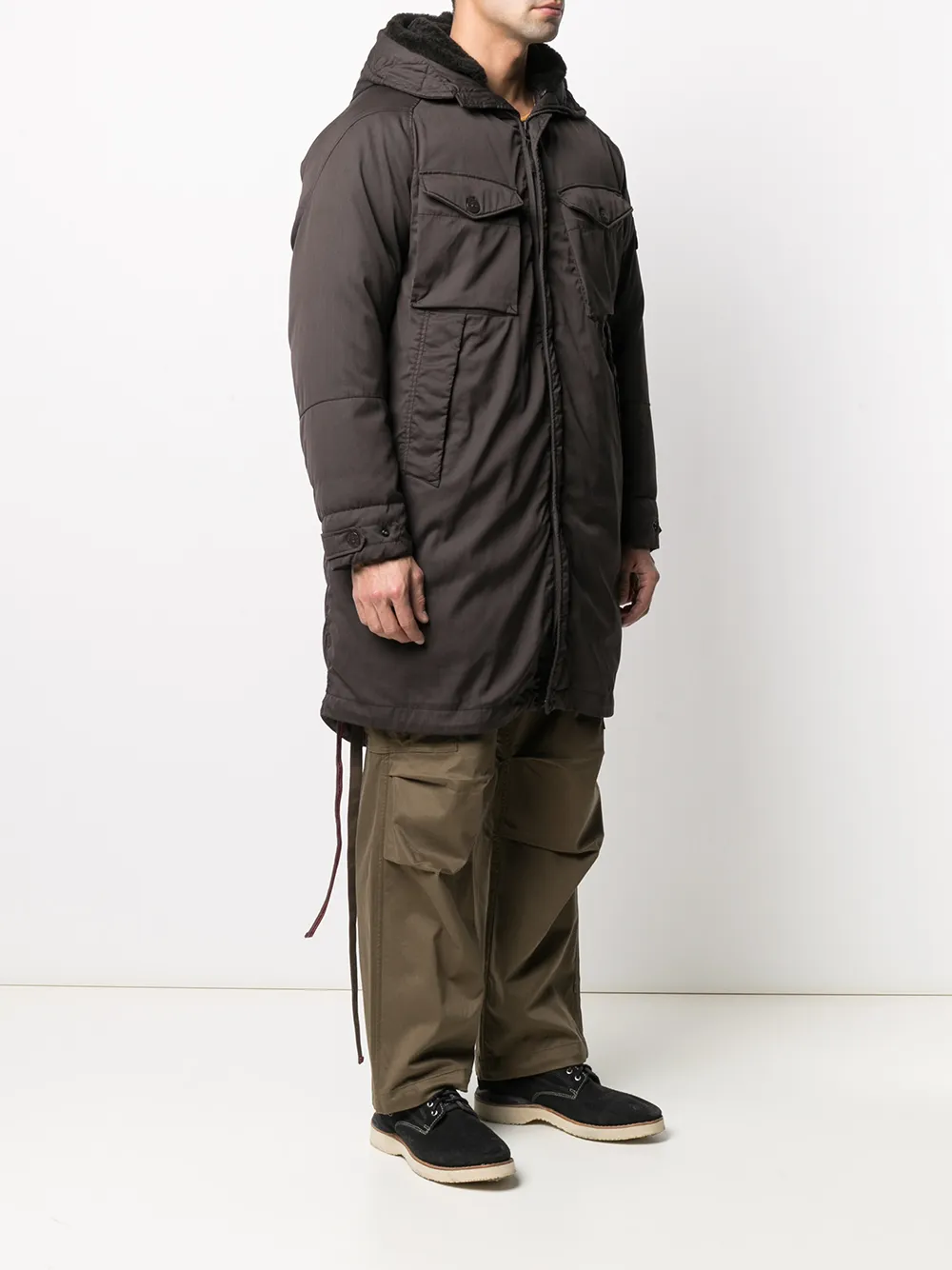 фото Stone island длинный пуховик с карманами карго