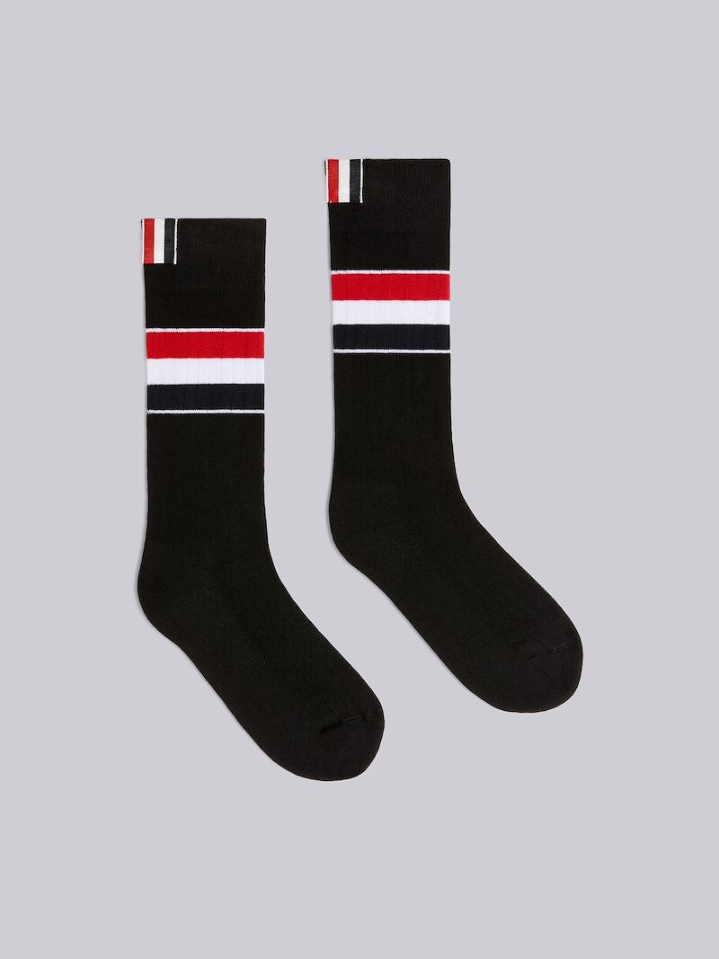 Black Cotton Wide Stripe Athletic Mid Calf Socks