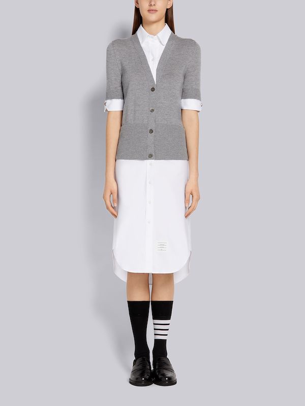 Light Grey Oxford and Fine Merino Wool V-Neck Pullover Combo Shirtdress