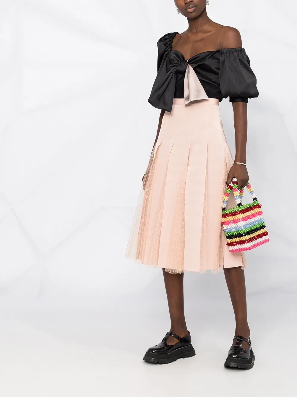  Red Valentino Pleated Lace Midi Skirt - Neutrals 