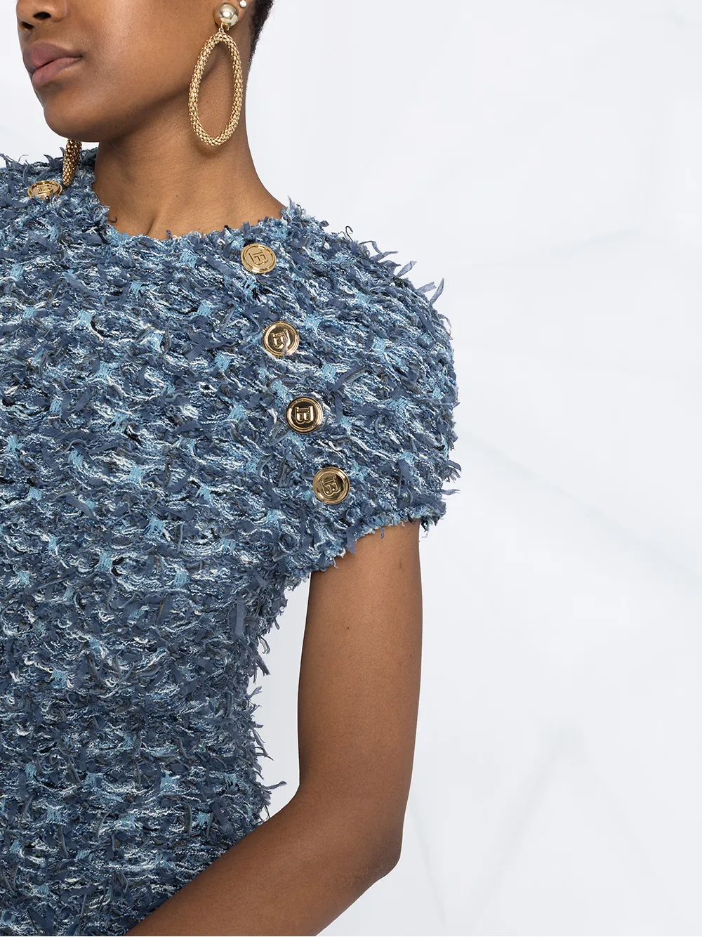 фото Balmain твидовое платье с бахромой