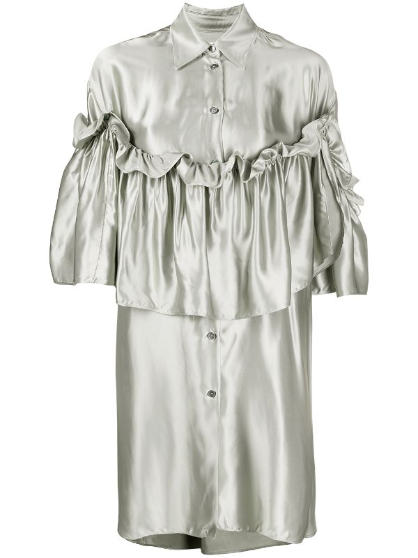 bell sleeve layered ruffles pleated shirt dress