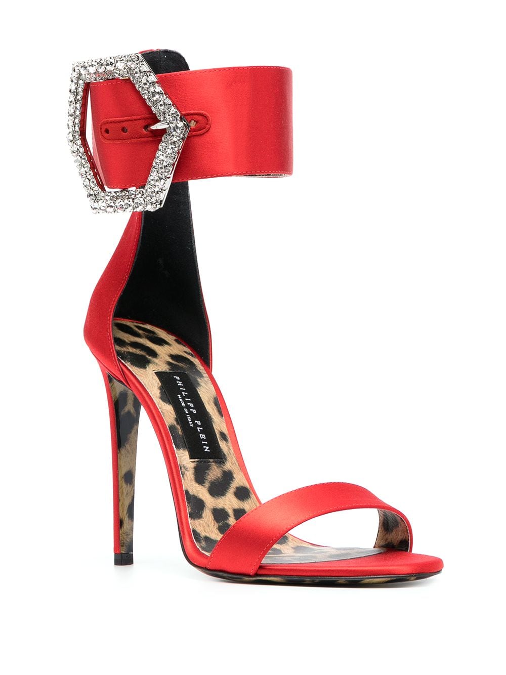 Shop Philipp Plein Embellished-buckle Satin Sandals In Red