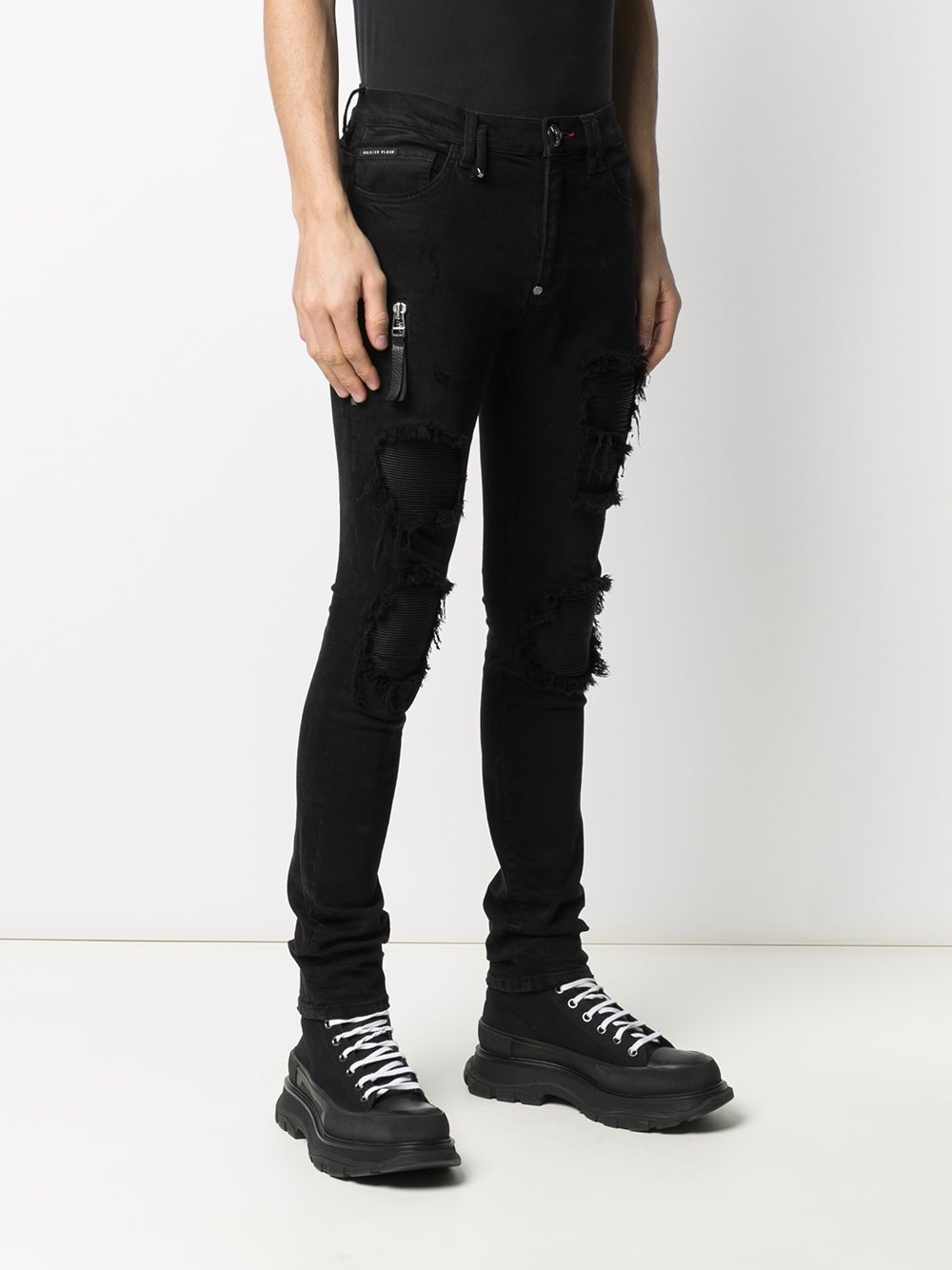 Shop Philipp Plein Biker Destroyed Skinny Jeans In Black