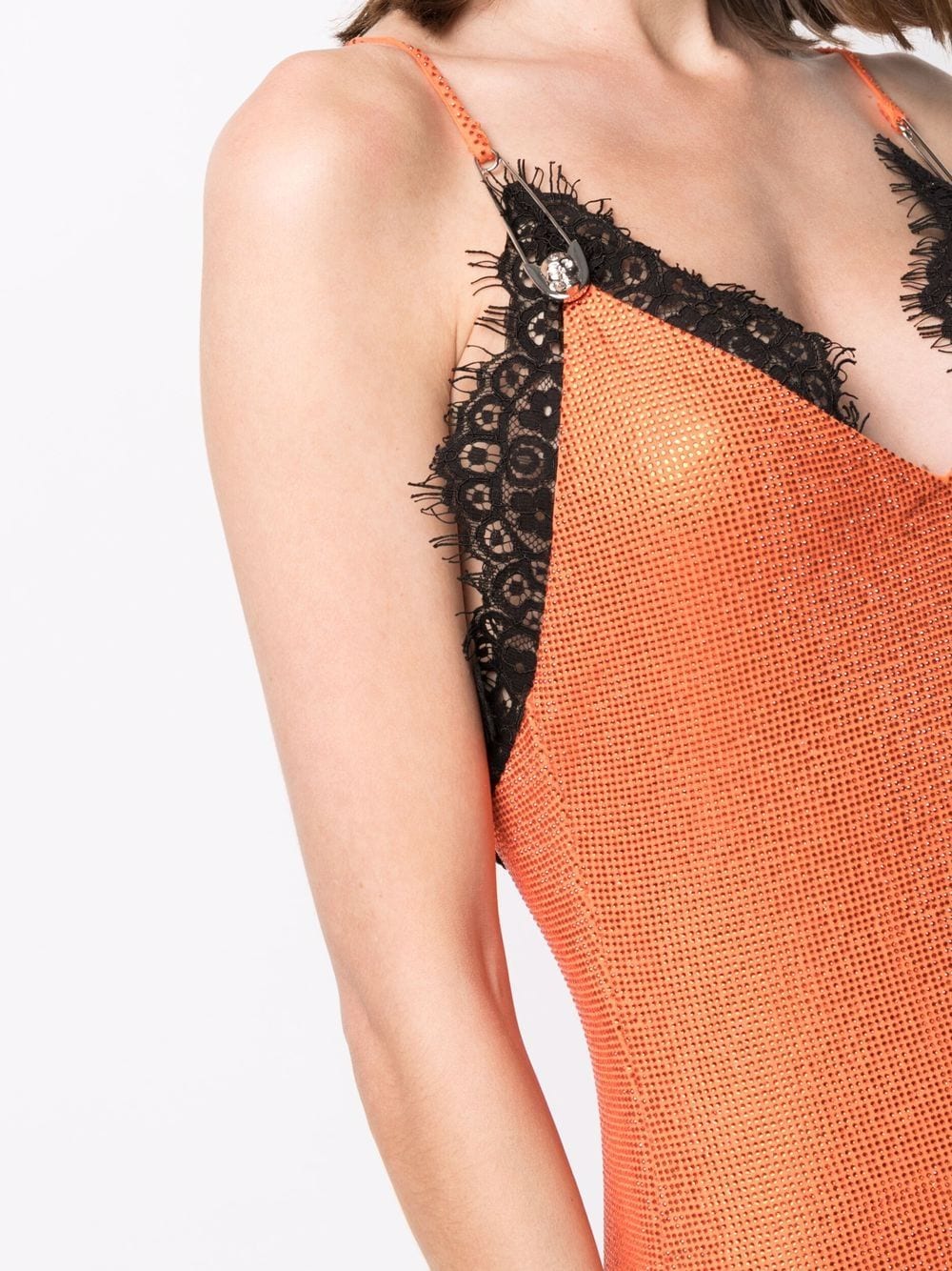 Shop Philipp Plein Lace-trim Crystal-embellished Mini Dress In Orange