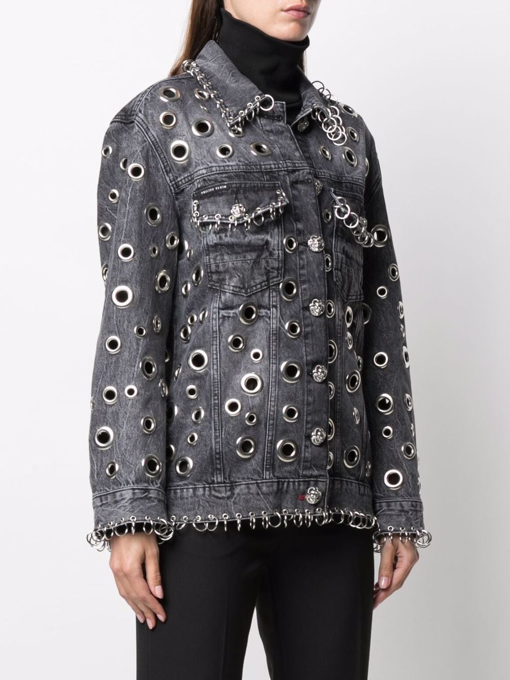 Shop Philipp Plein Ring-detail Denim Jacket In Grau