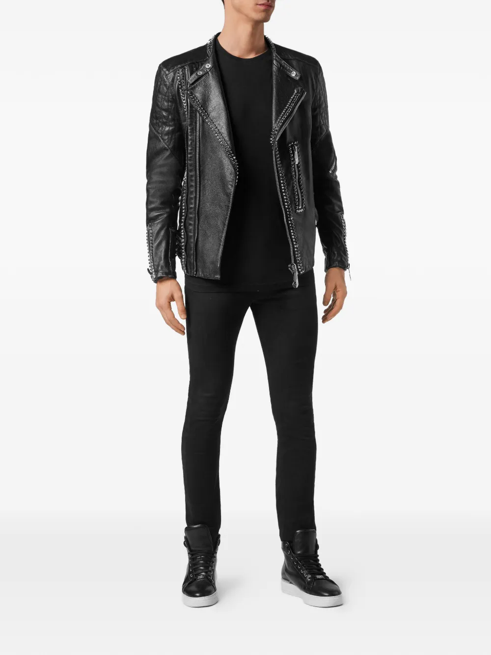 Philipp Plein Leren bikerjack met studs Zwart