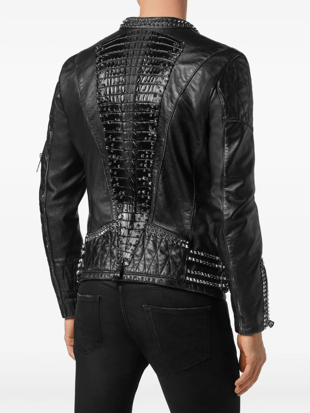 Philipp Plein Leren bikerjack met studs Zwart