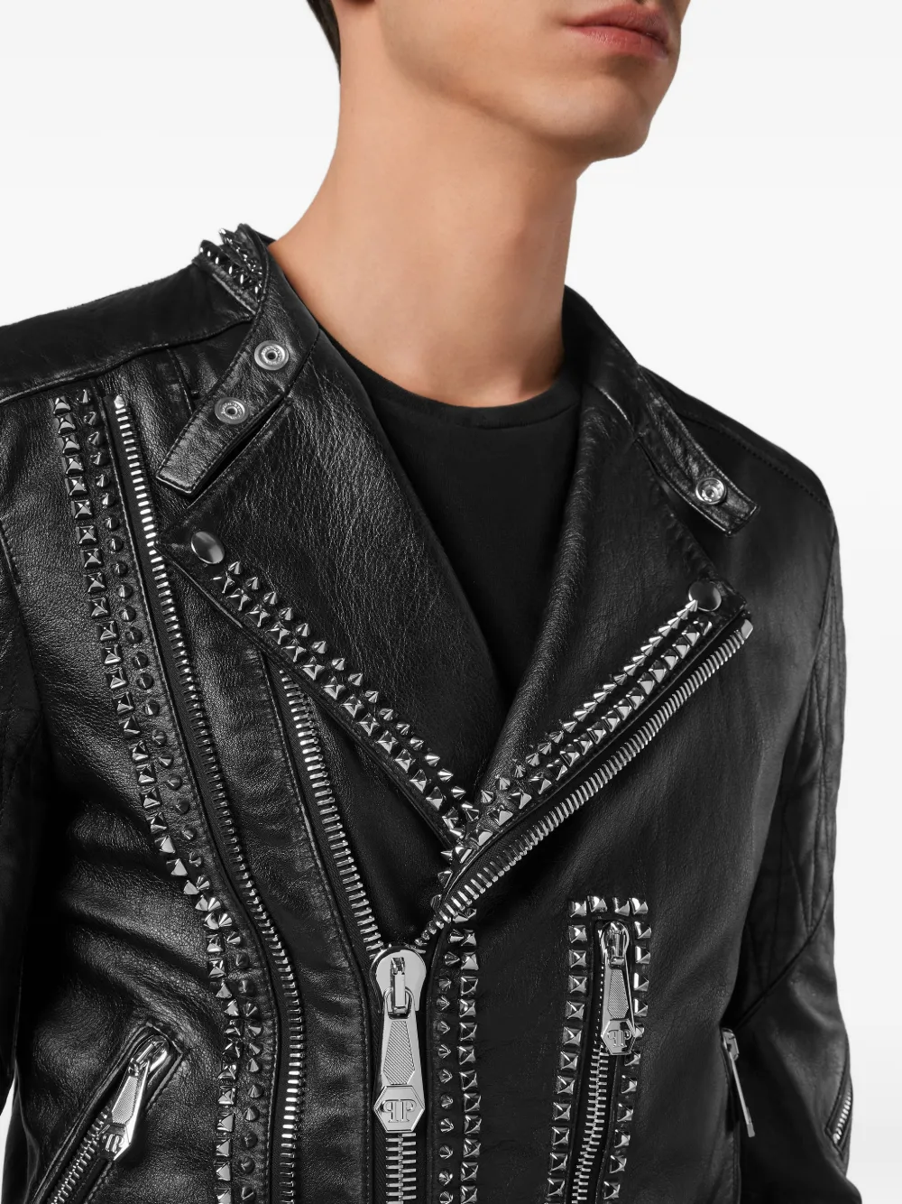Philipp Plein Leren bikerjack met studs Zwart