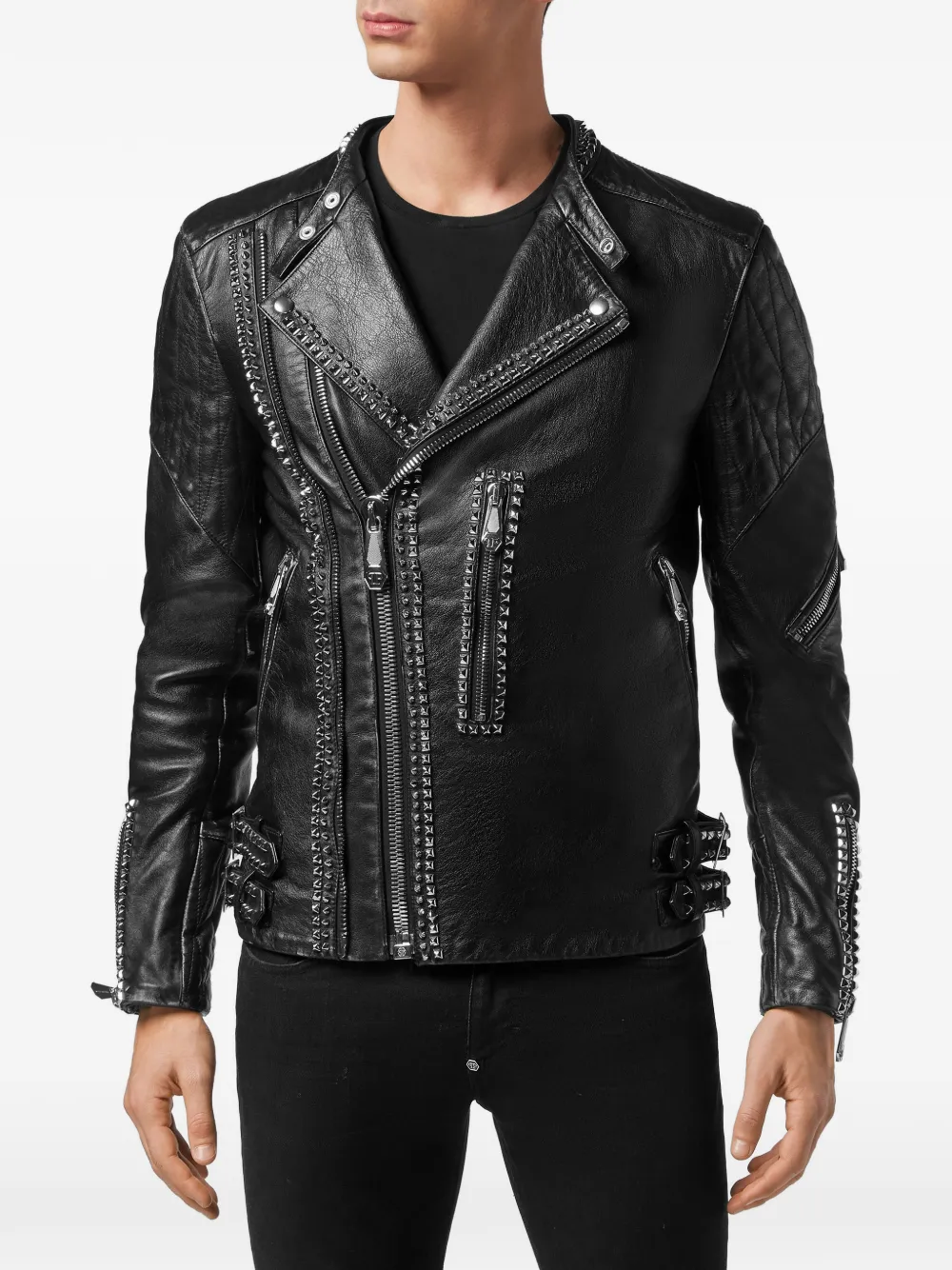 Philipp Plein Leren bikerjack met studs Zwart
