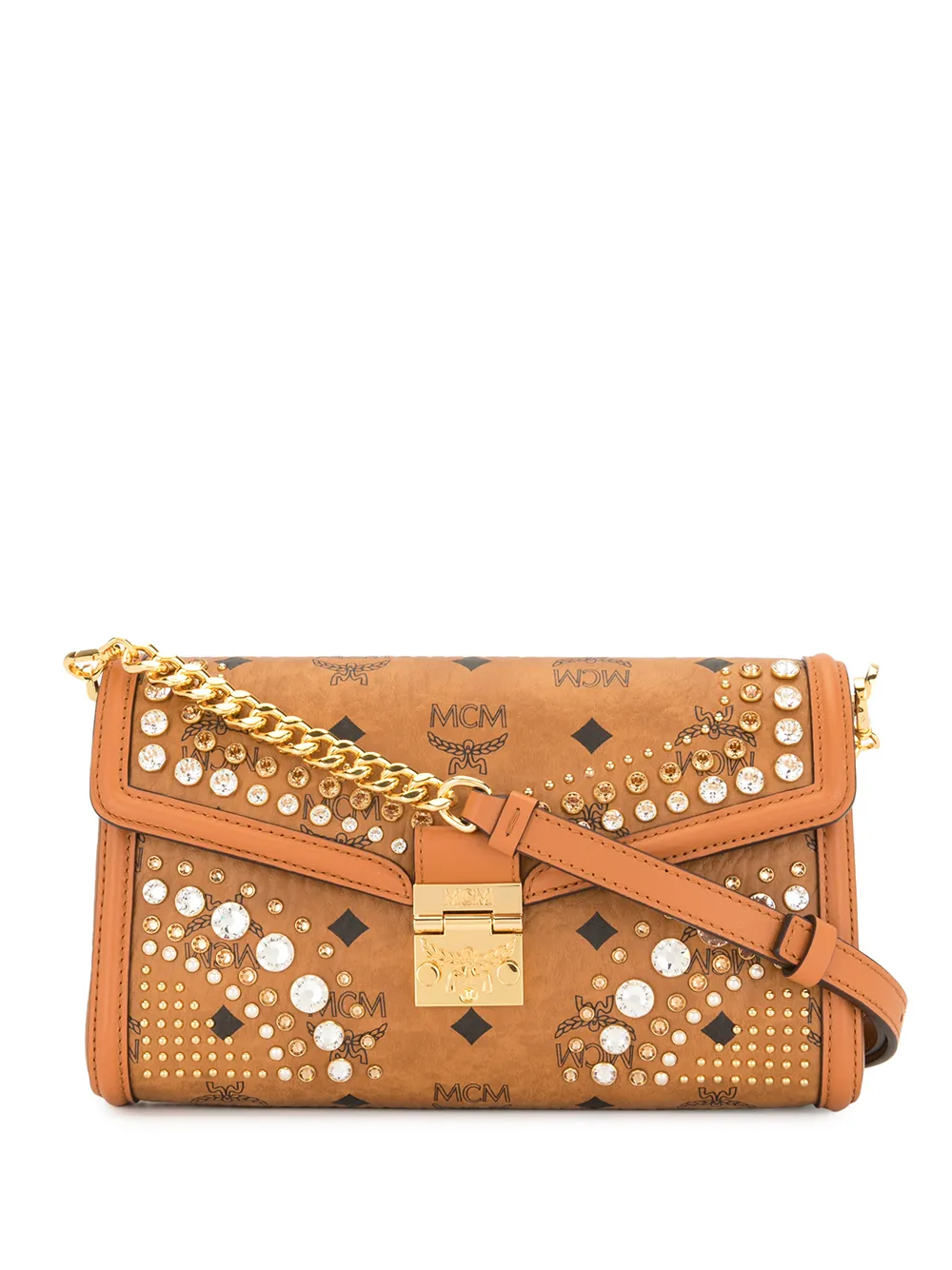 Mcm Crystal-embellished Crossbody Bag In Brown