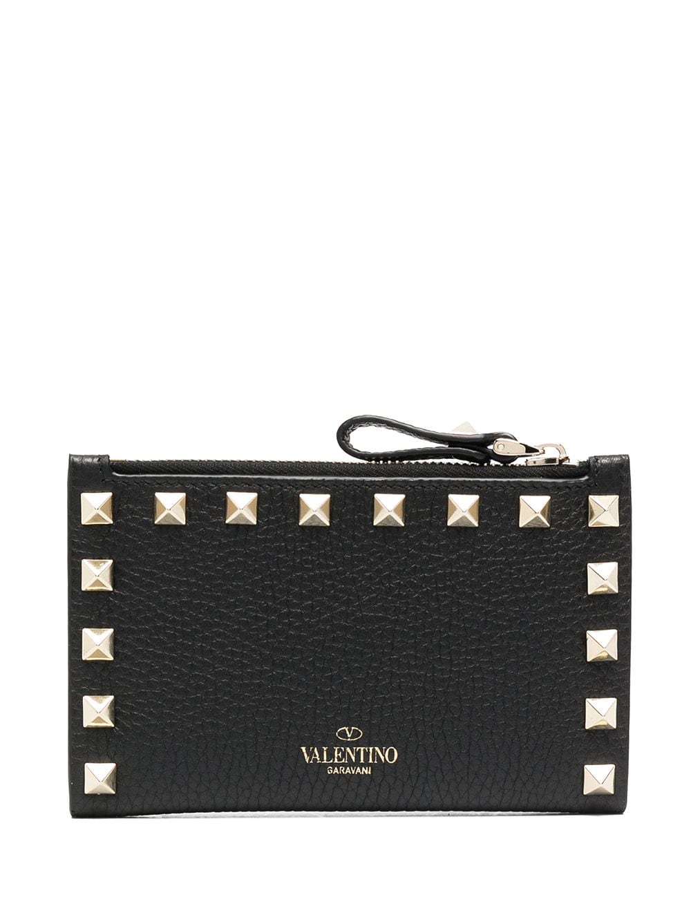 Shop Valentino Rockstud Zipped Leather Cardholder In Black