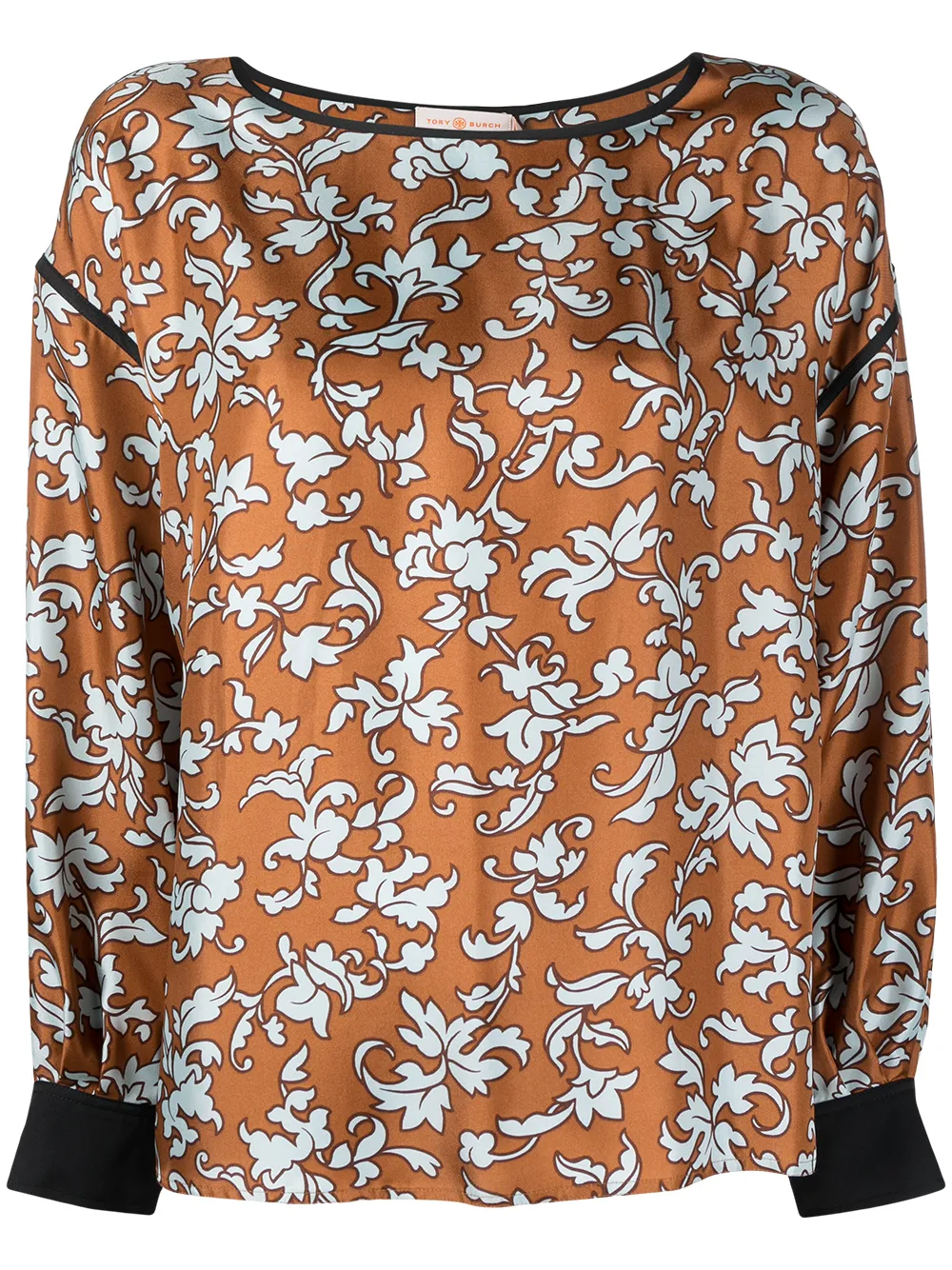 Click to view more detailed imagery on our partner's website Tory Burch Floral-print Long-sleeved Silk Blouse In Brown