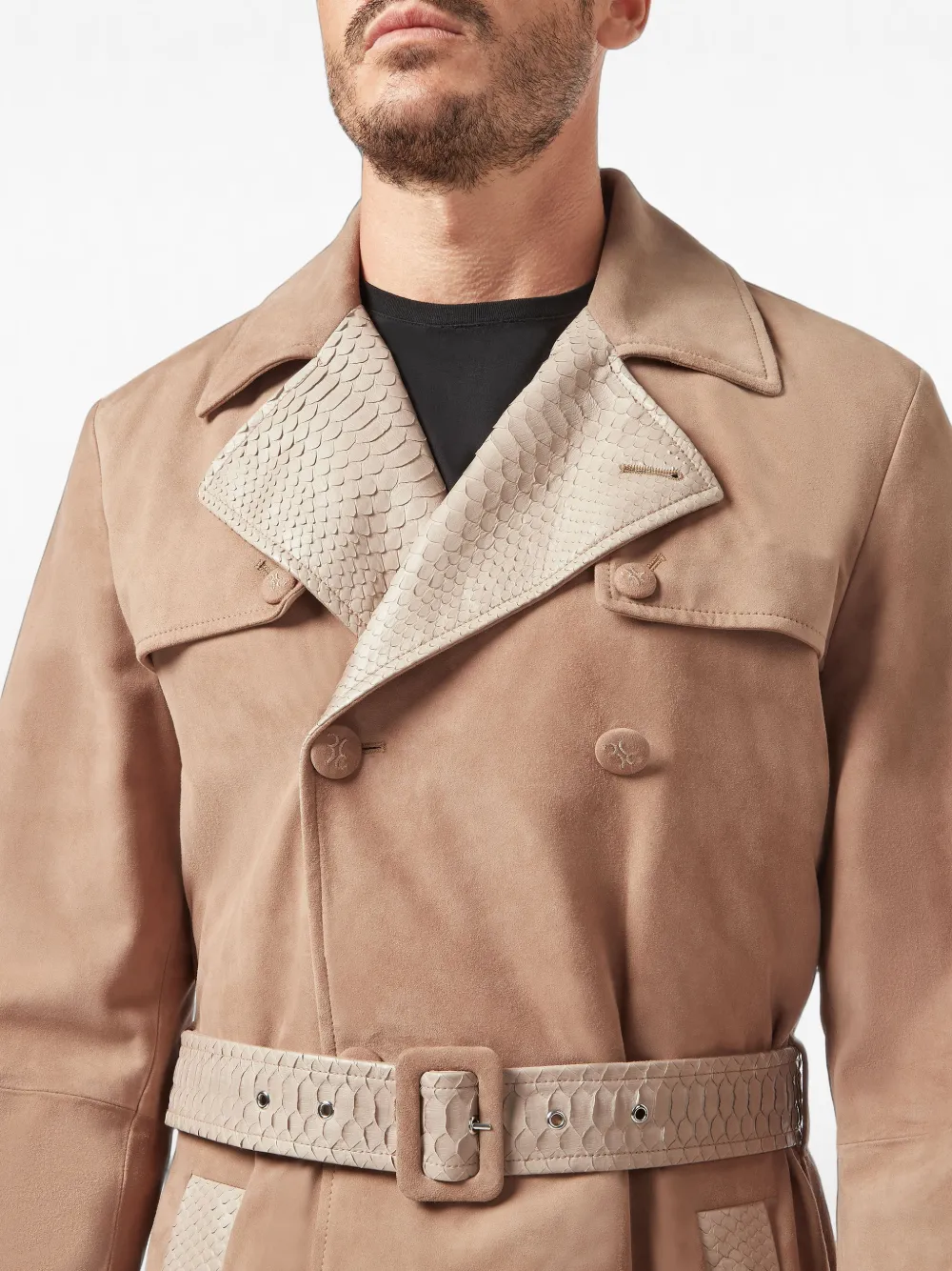 Billionaire Leren trenchcoat met ceintuur en slangenleer-effect Beige