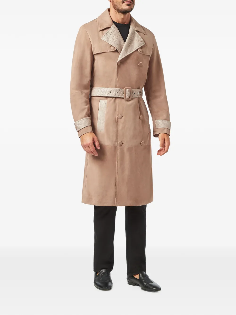 Billionaire Leren trenchcoat met ceintuur en slangenleer-effect Beige
