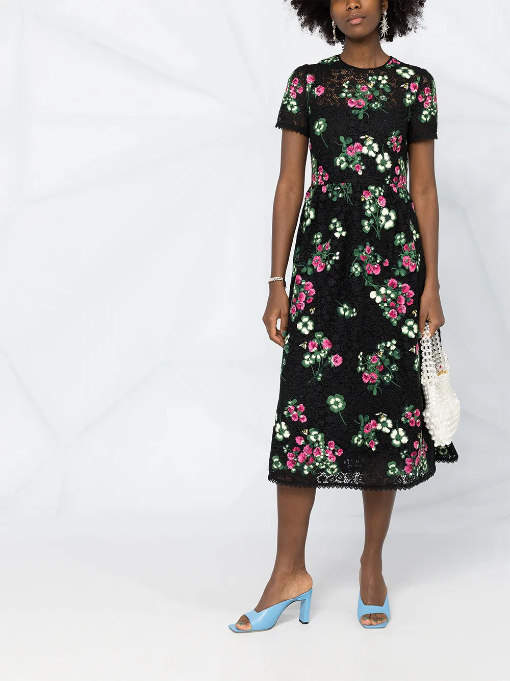 RED VALENTINO FLORAL EMBROIDERED MACRAMÉ DRESS