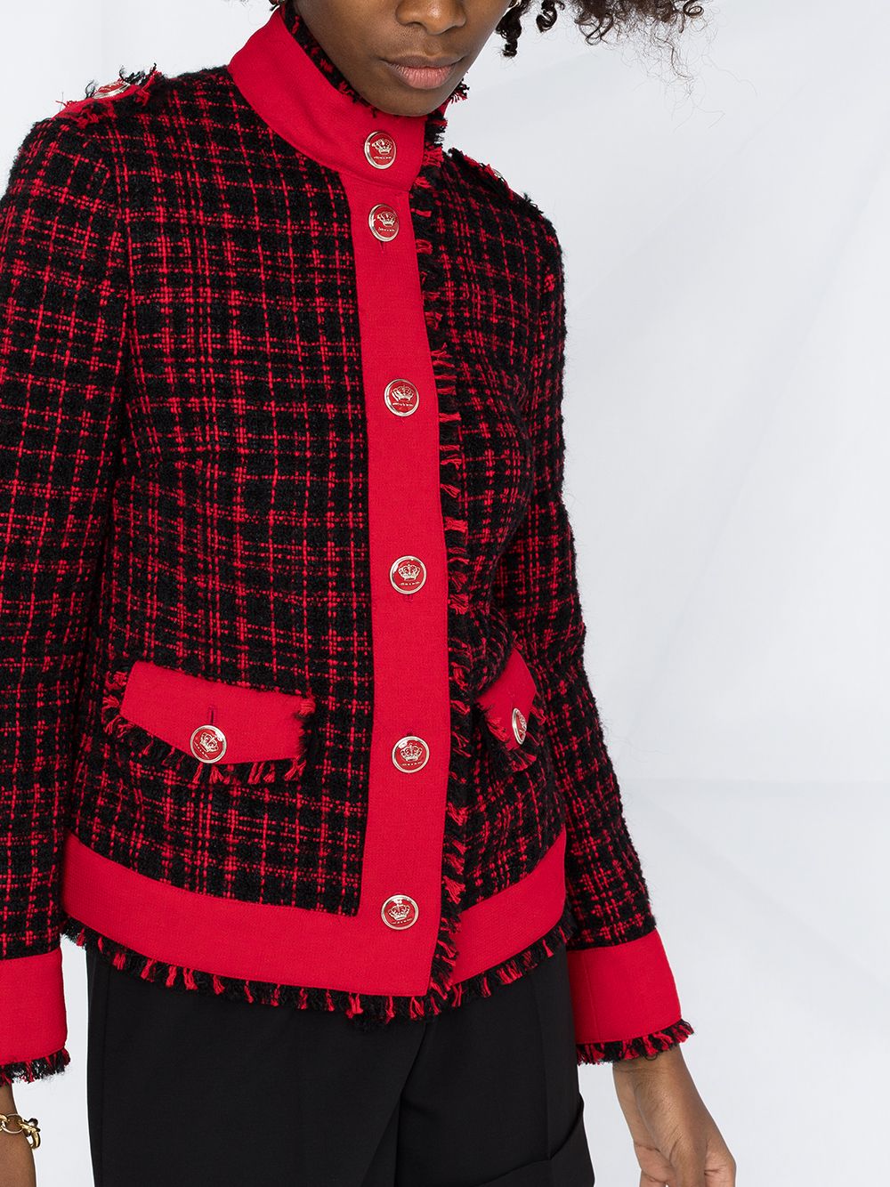 Shop Dolce & Gabbana Frayed Tweed Check Jacket In Black