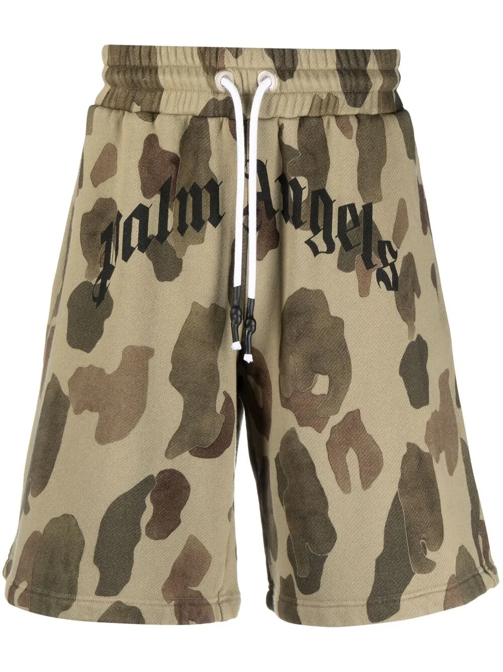 Palm Angels Khaki Camo Curved Logo Lounge Shorts In Green