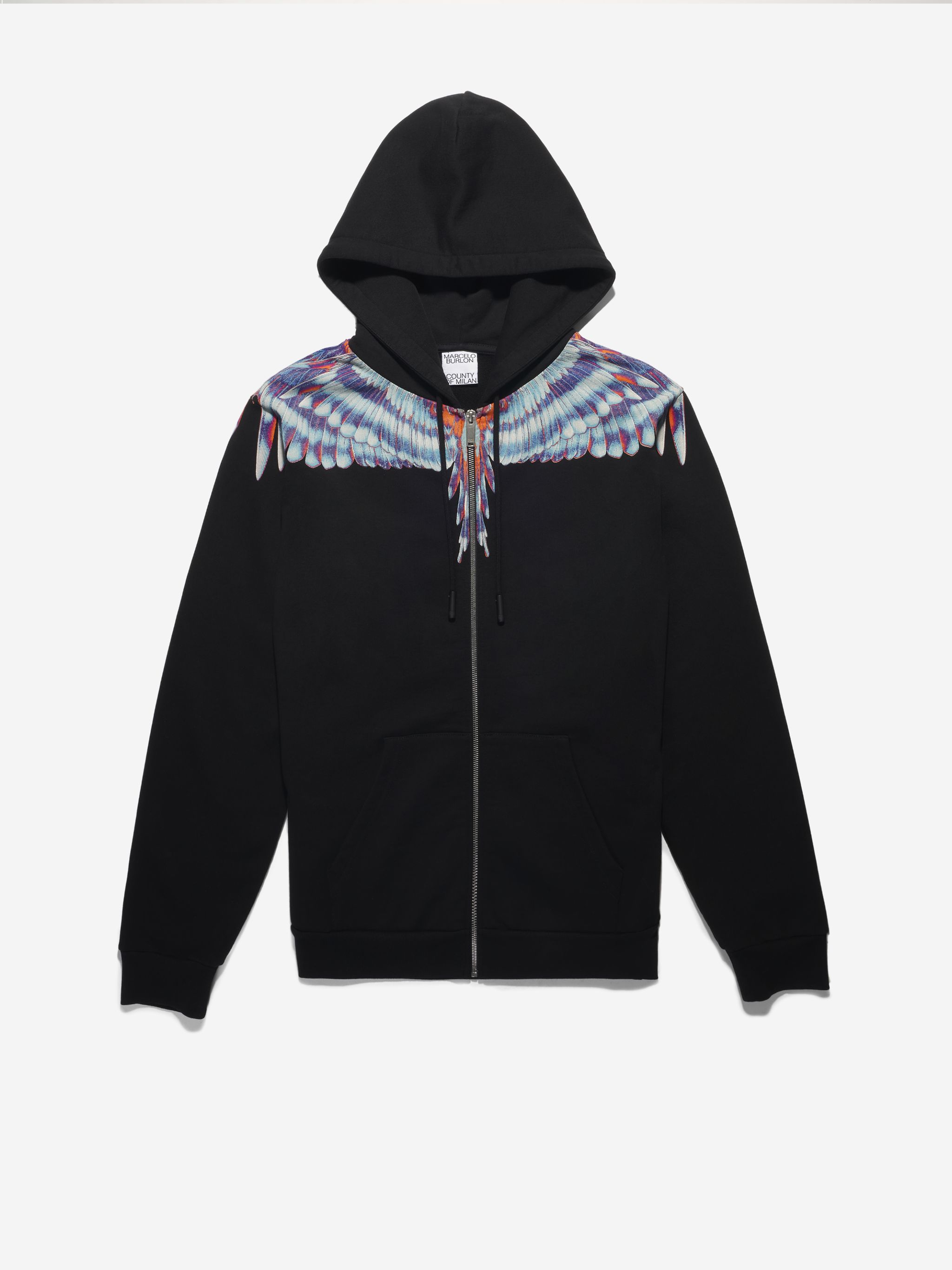 Black/multicolour cotton Wings-print zip-up hoodie from Marcelo Burlon County of Milan featuring drawstring hood, wings print, front zip fastening, long sleeves and two front pouch pockets.