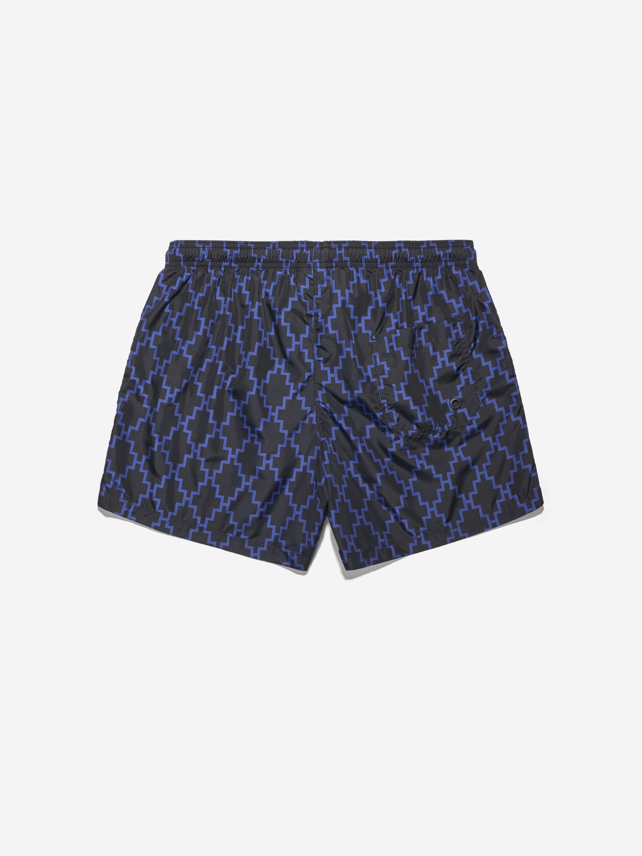 Black and blue cross pattern swimming shorts from Marcelo Burlon County of Milan featuring elasticated waistband, drawstring fastening, two side slit pockets, embroidered logo to the front, rear pouch pocket and eyelet detailing. Be mindful to try on swimwear over your own garments..