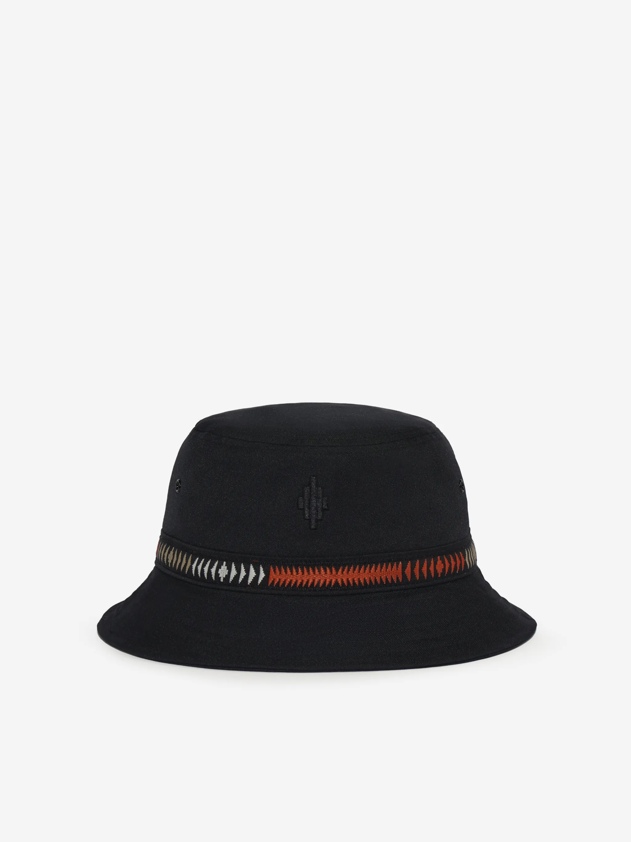 Black/red/white Cross Tape embroidered bucket hat from Marcelo Burlon County of Milan featuring curved wide brim, tonal stitching and embroidered edge.