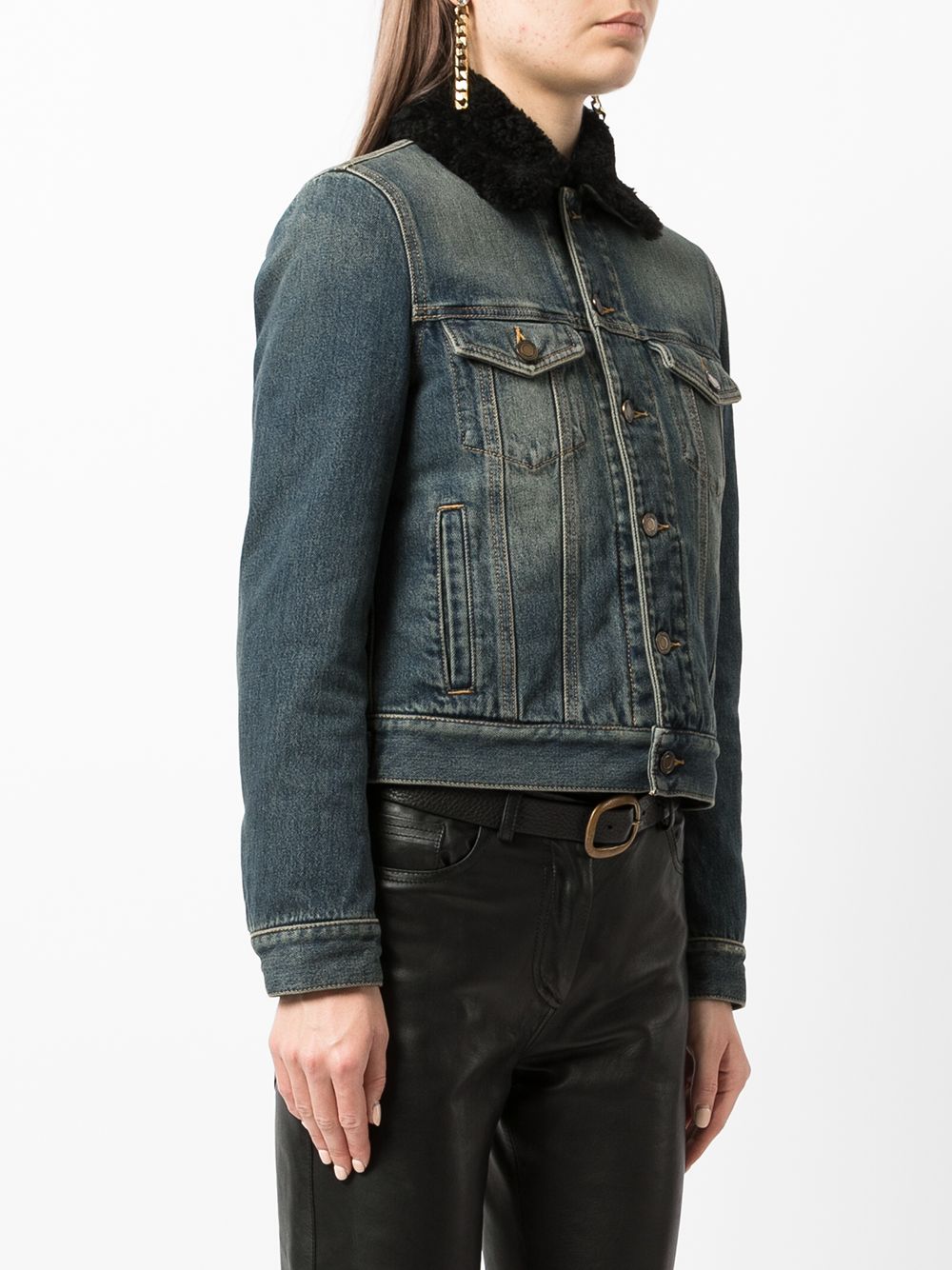 Saint Laurent - shearling-trim Collar Denim Jacket - Women - Calf Leather - M - Blue