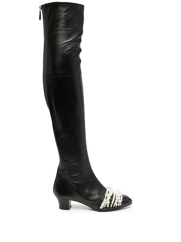 PAIR OF BLACK LEATHER KNEE-HIGH HEEL BOOTS, CHANEL