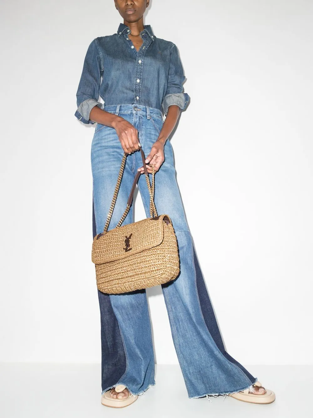Saint Laurent Niki raffia schoudertas - Beige