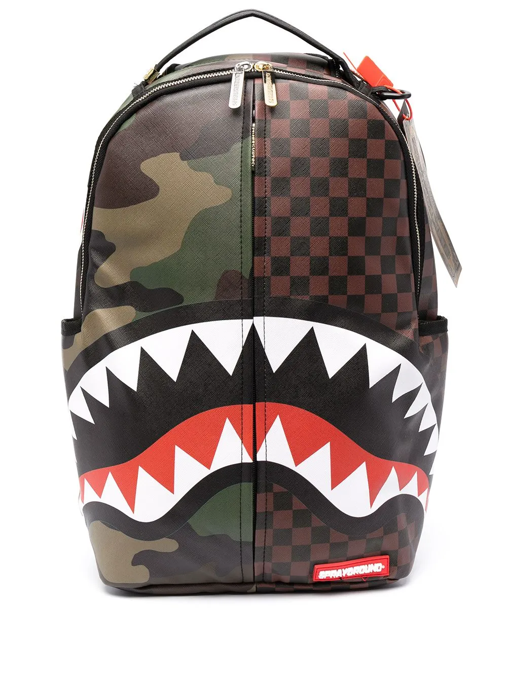 camouflage and check-print backpack 