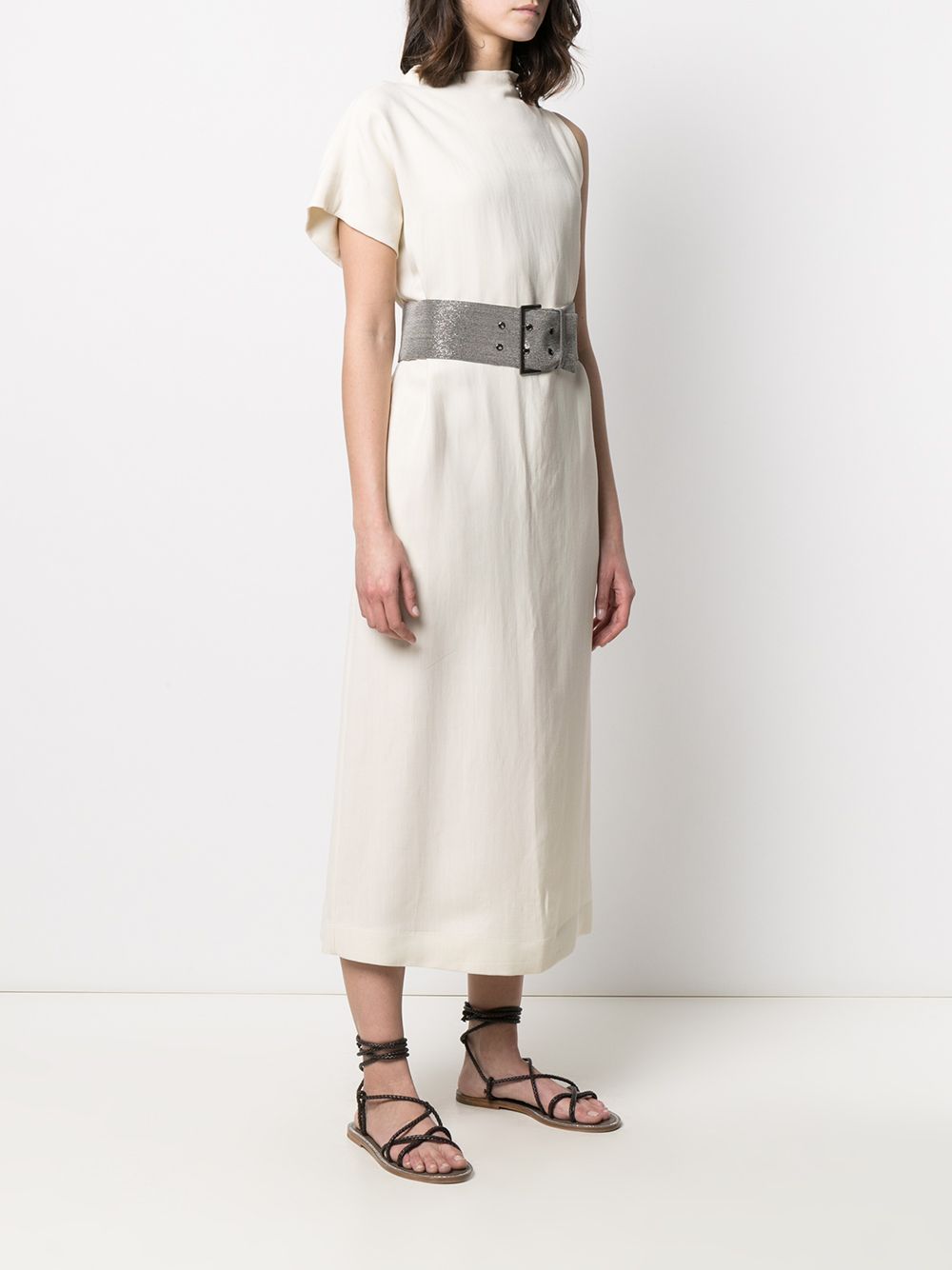 Brunello Cucinelli asymmetric-sleeve belted-waist Dress - Farfetch