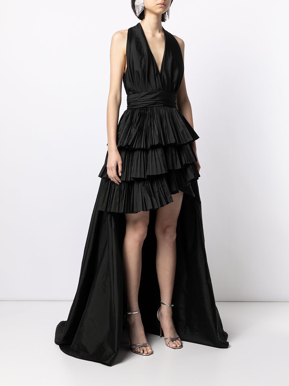 Shop Elie Saab Pleated Plunge-neck Silk Dress In Black