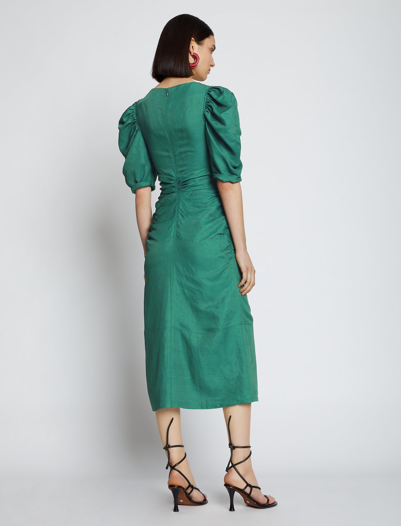 Linen Viscose Shirred Sleeve Dress in green | Proenza Schouler