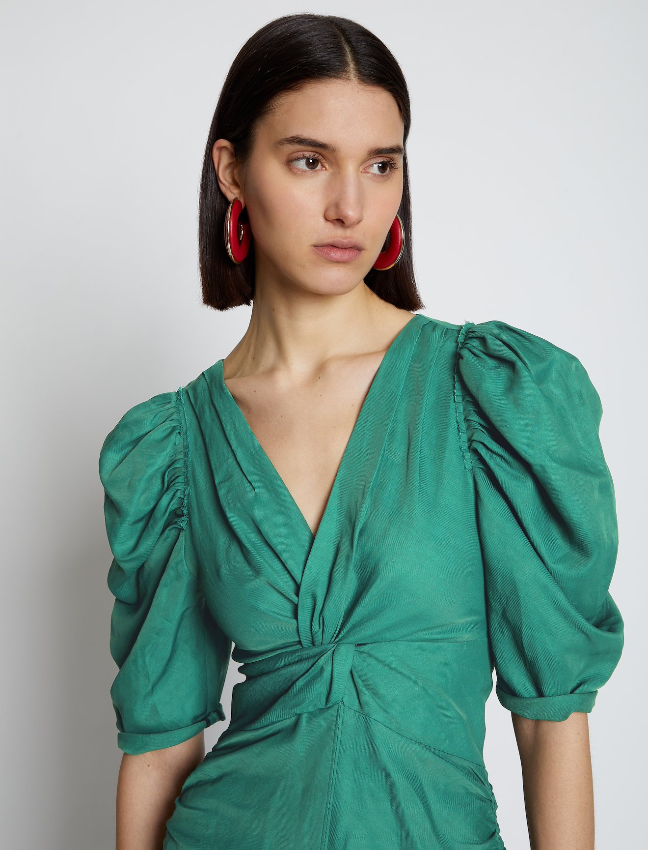 Linen Viscose Shirred Sleeve Dress in green | Proenza Schouler