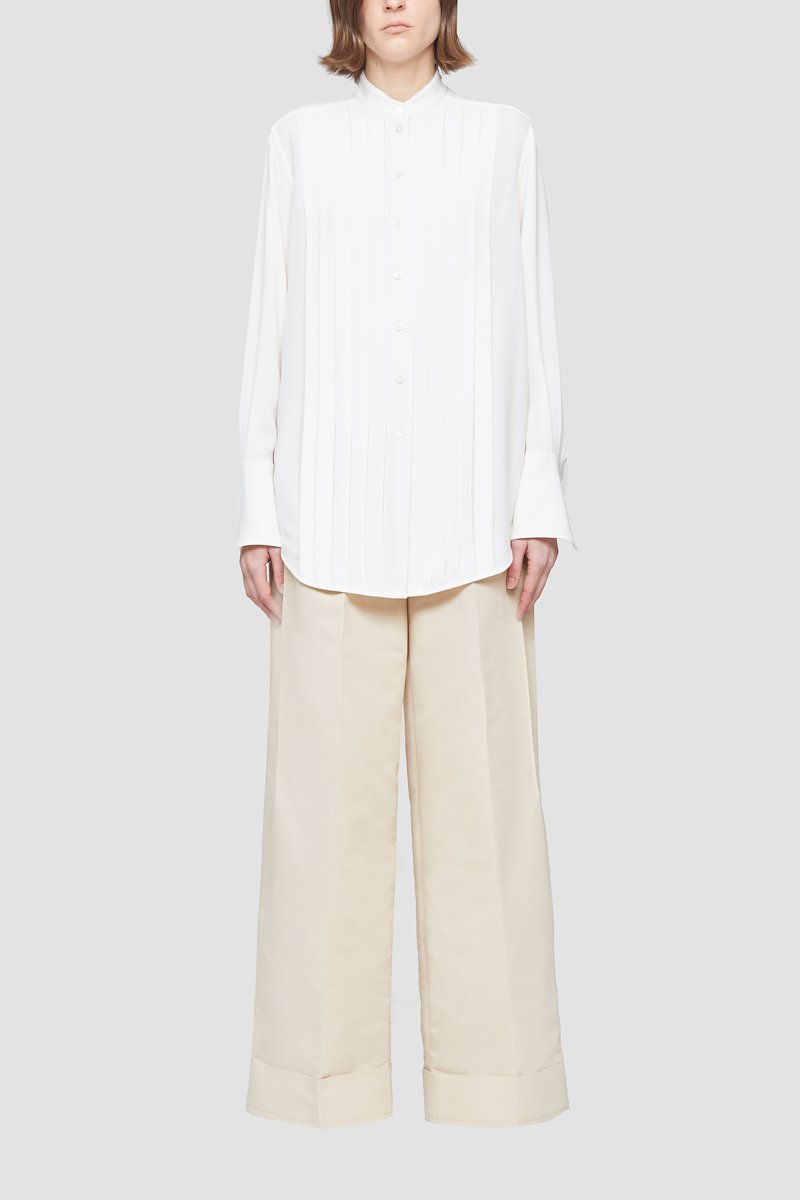 Pleated Button Down Shirt-white #1 Pleated Button Down Shirt, Ivory white pleated-panel button-up shirt from 3.1 PHILLIP LIM featuring pleat detailing, band collar, front button fastening, long sleeves, buttoned cuffs and curved hem.- 1