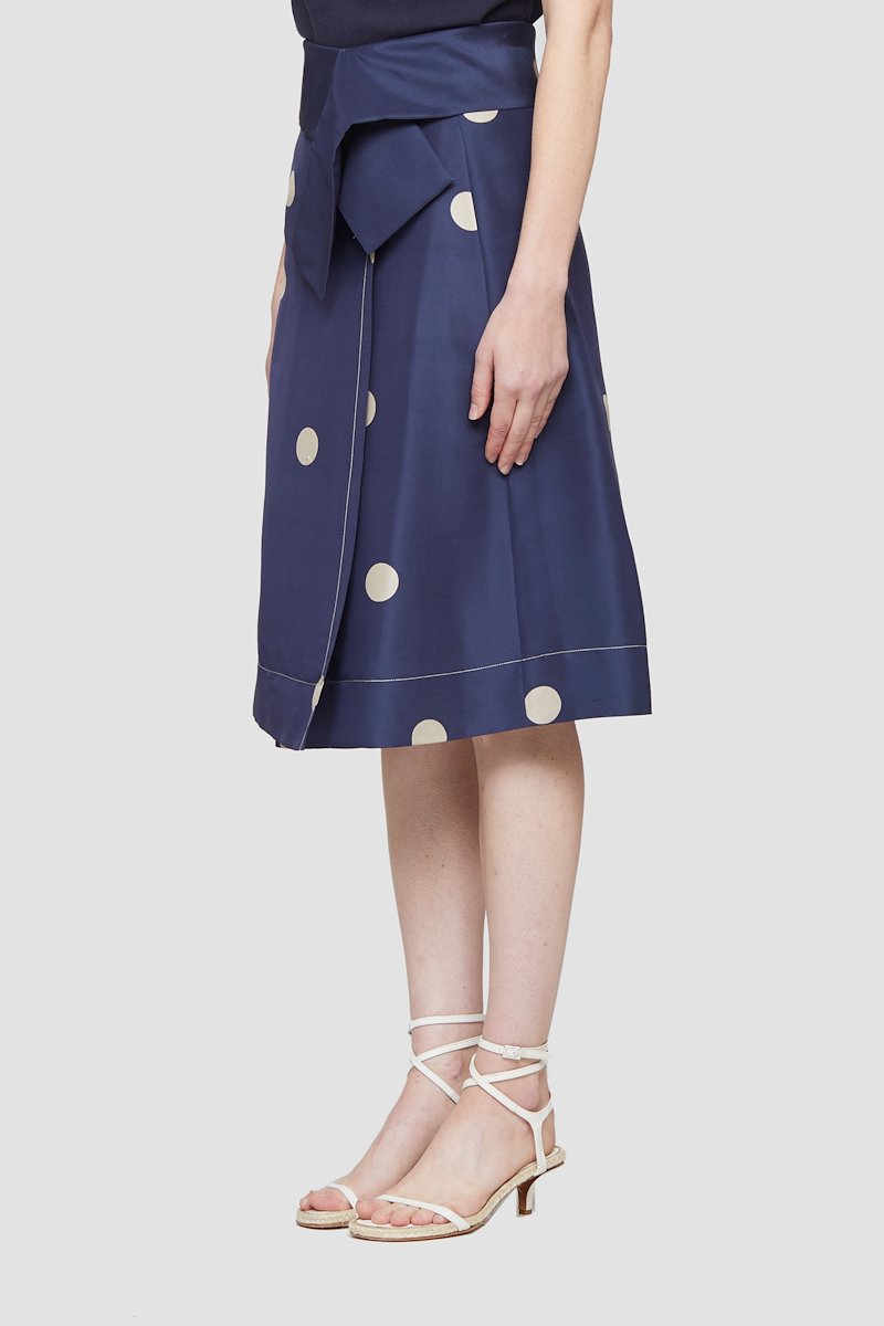 Dot Print Draped Band Skirt-blue #0 Dot Print Draped Band Skirt, Midnight blue/beige silk polka-dot print silk skirt from 3.1 PHILLIP LIM featuring polka dot print, high waist, concealed front fastening and mid-length.- 2
