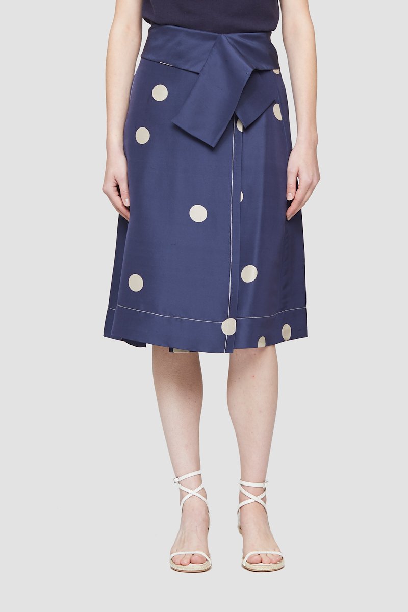 Dot Print Draped Band Skirt-blue #1 Dot Print Draped Band Skirt, Midnight blue/beige silk polka-dot print silk skirt from 3.1 PHILLIP LIM featuring polka dot print, high waist, concealed front fastening and mid-length.- 1