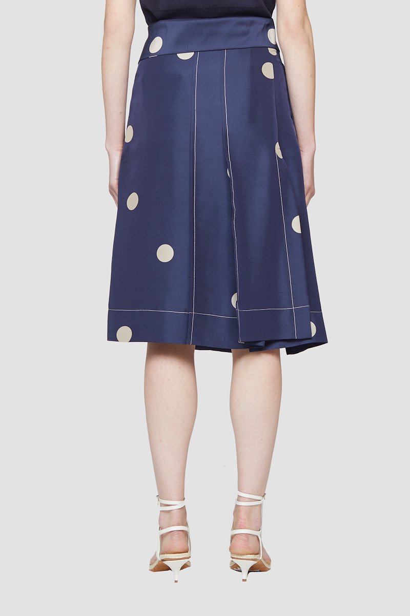 Dot Print Draped Band Skirt-blue #1 Dot Print Draped Band Skirt, Midnight blue/beige silk polka-dot print silk skirt from 3.1 PHILLIP LIM featuring polka dot print, high waist, concealed front fastening and mid-length.- 3