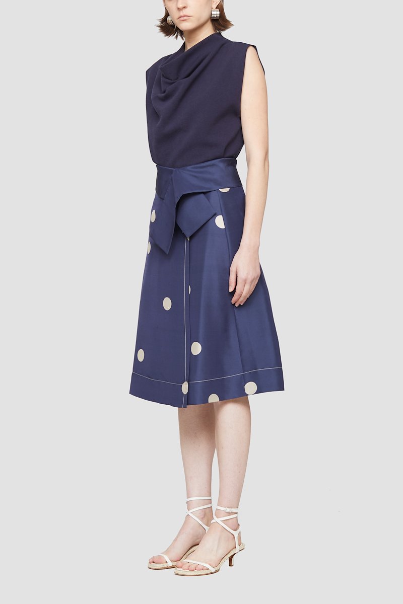 Dot Print Draped Band Skirt-blue #0 Dot Print Draped Band Skirt, Midnight blue/beige silk polka-dot print silk skirt from 3.1 PHILLIP LIM featuring polka dot print, high waist, concealed front fastening and mid-length.- 0