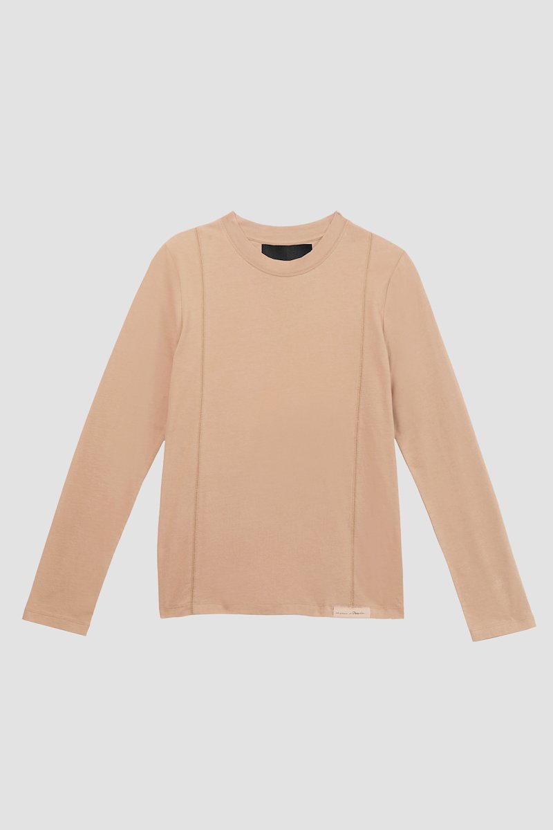 The Long Sleeve Essential Tee-neutrals #1 The Long Sleeve Essential Tee, Camel brown cotton logo-patch detail T-shirt from 3.1 PHILLIP LIM featuring tonal stitching, logo patch to the front, round neck, long sleeves and straight hem.- 5