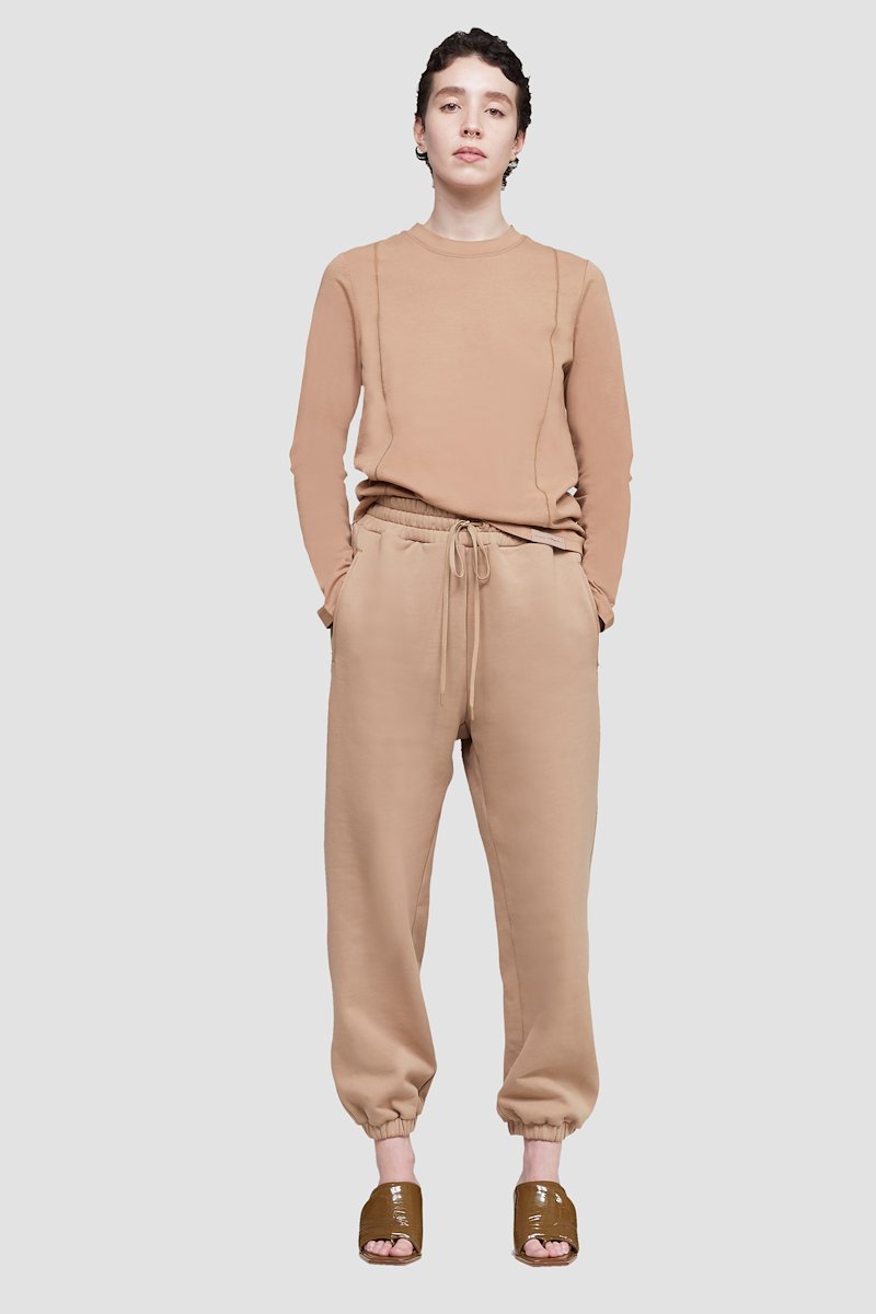 The Long Sleeve Essential Tee-neutrals #0 The Long Sleeve Essential Tee, Camel brown cotton logo-patch T-shirt from 3.1 PHILLIP LIM featuring tonal stitching, exposed-seam detailing, logo patch to the rear, logo patch to the front, round neck, long sleeves and straight hem.- 0