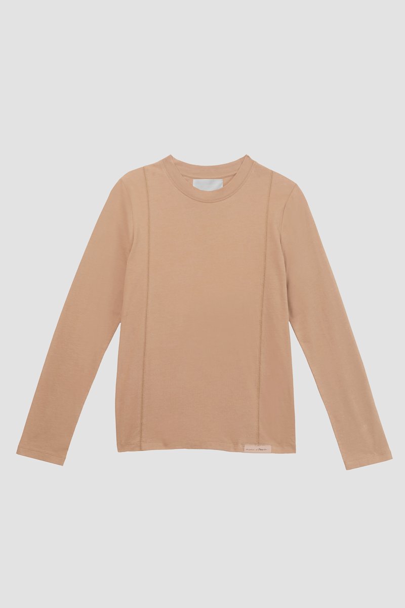 The Long Sleeve Essential Tee-neutrals #1 The Long Sleeve Essential Tee, Camel brown cotton logo-patch T-shirt from 3.1 PHILLIP LIM featuring tonal stitching, exposed-seam detailing, logo patch to the rear, logo patch to the front, round neck, long sleeves and straight hem.- 5