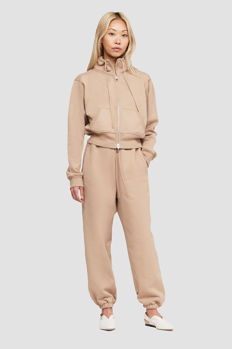 The Don’t Sweat It Zip-Up-neutrals #0 The Don’t Sweat It Zip-Up, Brown cotton drawstring-collar bomber jacket from 3.1 PHILLIP LIM featuring logo patch to the front, ribbed detailing, drawstring neck, front zip fastening, long sleeves, two front patch pockets and straight hem.- 0