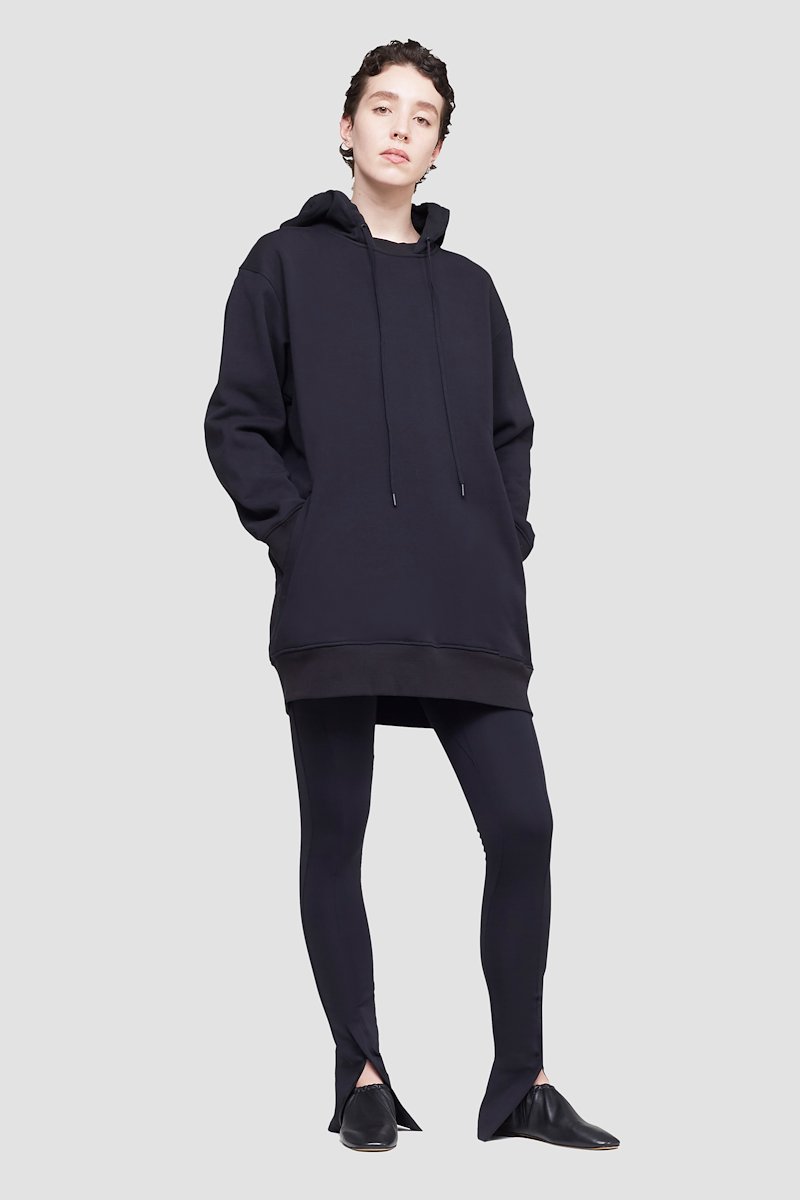 The Live-In Sweat Dress-black #0 The Live-In Sweat Dress, Black cotton drawstring-hood sweatshirt dress from 3.1 PHILLIP LIM featuring jersey fleece, logo patch to the front, ribbed detailing, drawstring hood, long sleeves and side two-way zip fastening.- 0