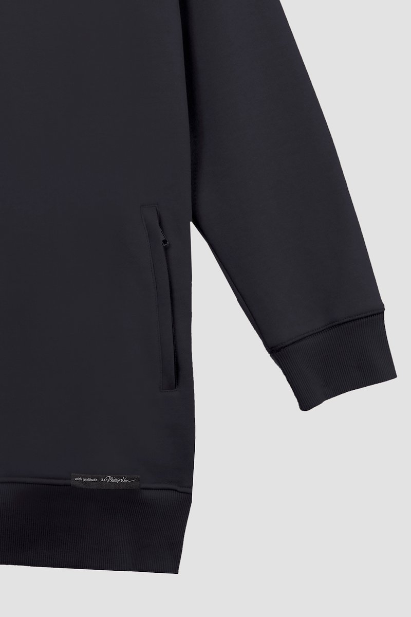 The Live-In Sweat Dress-black #0 The Live-In Sweat Dress, Black cotton drawstring-hood sweatshirt dress from 3.1 PHILLIP LIM featuring jersey fleece, logo patch to the front, ribbed detailing, drawstring hood, long sleeves and side two-way zip fastening.- 8