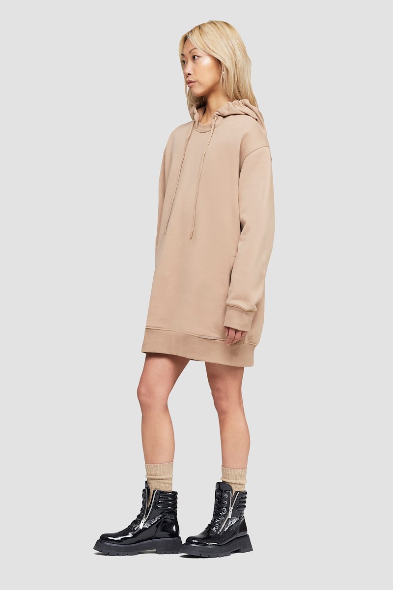 The Live-In Sweat Dress-neutrals #0 The Live-In Sweat Dress, Brown cotton drawstring-hooded dress from 3.1 PHILLIP LIM featuring logo patch to the front, ribbed detailing, drawstring hood, long sleeves and two side slit pockets.- 2