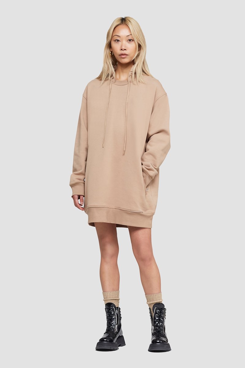 The Live-In Sweat Dress-neutrals #0 The Live-In Sweat Dress, Brown cotton drawstring-hooded dress from 3.1 PHILLIP LIM featuring logo patch to the front, ribbed detailing, drawstring hood, long sleeves and two side slit pockets.- 0