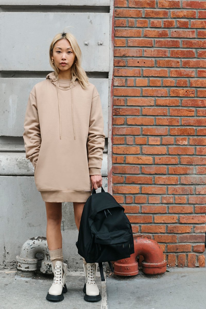 The Live-In Sweat Dress-neutrals #1 The Live-In Sweat Dress, Brown cotton drawstring-hooded dress from 3.1 PHILLIP LIM featuring logo patch to the front, ribbed detailing, drawstring hood, long sleeves and two side slit pockets.- 1