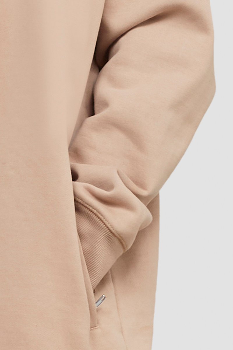 The Live-In Sweat Dress-neutrals #1 The Live-In Sweat Dress, Brown cotton drawstring-hooded dress from 3.1 PHILLIP LIM featuring logo patch to the front, ribbed detailing, drawstring hood, long sleeves and two side slit pockets.- 5