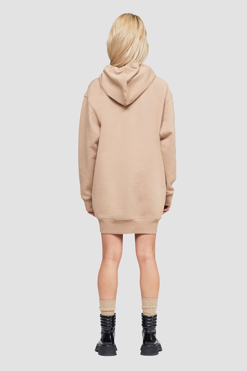 The Live-In Sweat Dress-neutrals #0 The Live-In Sweat Dress, Brown cotton drawstring-hooded dress from 3.1 PHILLIP LIM featuring logo patch to the front, ribbed detailing, drawstring hood, long sleeves and two side slit pockets.- 4