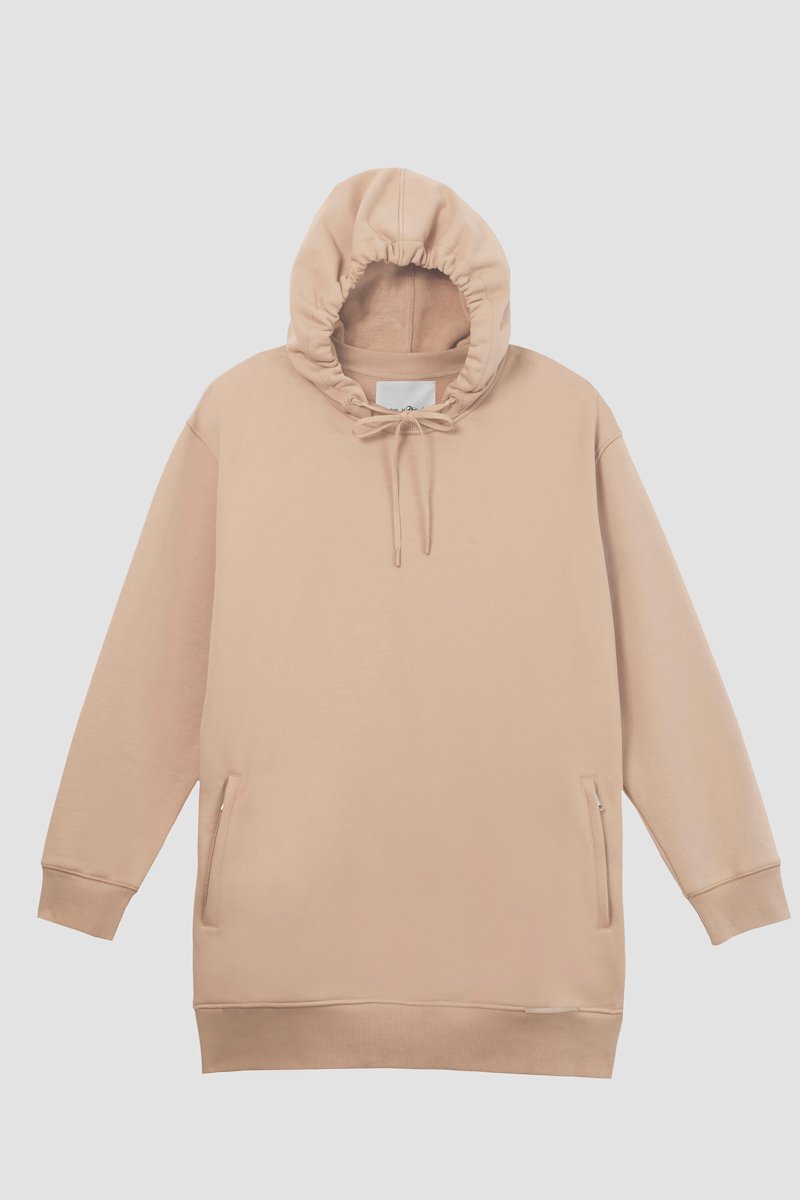 The Live-In Sweat Dress-neutrals #0 The Live-In Sweat Dress, Brown cotton drawstring-hooded dress from 3.1 PHILLIP LIM featuring logo patch to the front, ribbed detailing, drawstring hood, long sleeves and two side slit pockets.- 6